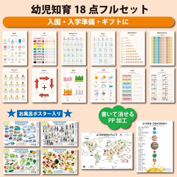 幼児知育18点フルセット｜モンテッソーリ式 書いて消せるPP加工＋小学校受験お風呂ポスターPROCE...