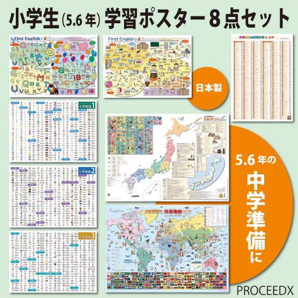 小学5年学習ポスター8点セット英語 漢字 世界地図 日本地図 中学準備  日本製　送料無料 PROC...