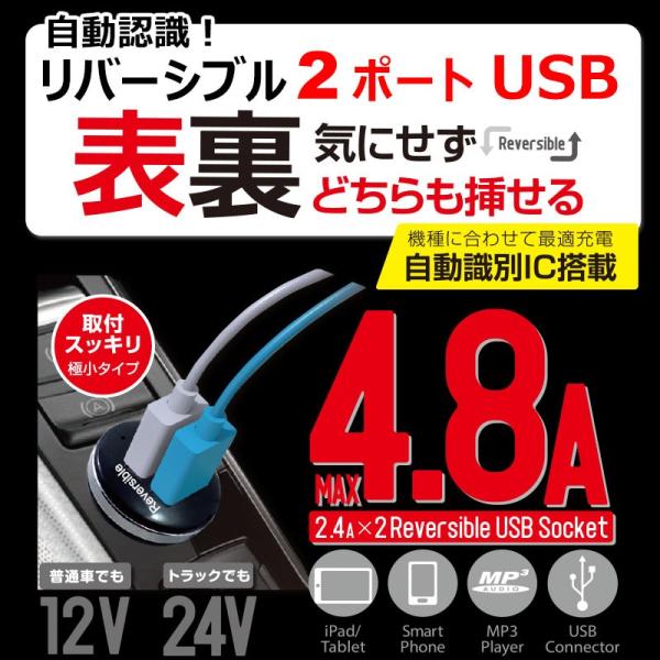 12V 24V 車用 USBソケット  自動認識 リバーシブル 2ポートUSB 4.8A ブラック ...