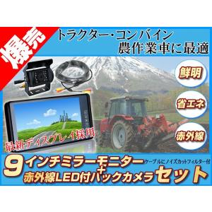 農業用トレーラー バックカメラ 12V/24V + 9インチ ミラーモニター 赤外線LED/暗視機能付 ヤンマー イセキ クボタ コンバイン トラクター 除雪機 後方確認｜total shop 志