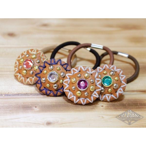 レザーヘアゴム Studs ブラウン 栃木レザー サドルレザー ハンドメイド