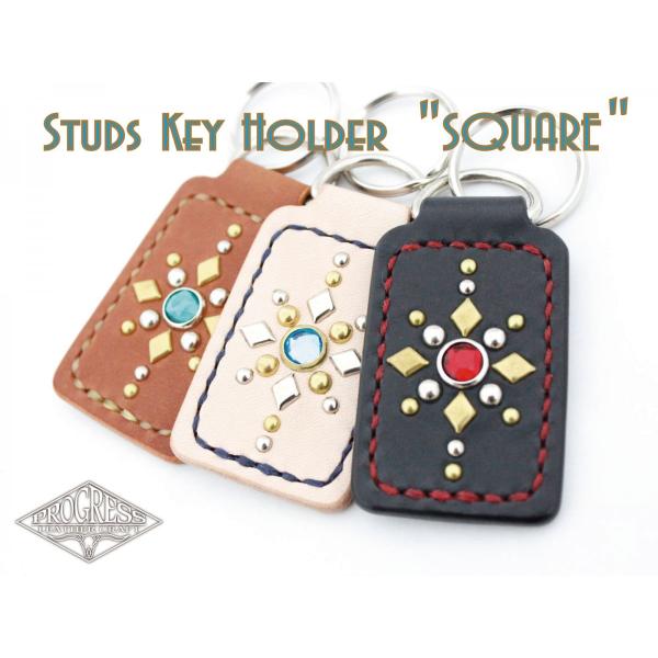 Studs キーホルダー square　栃木レザー サドルレザー ハンドメイド 四角