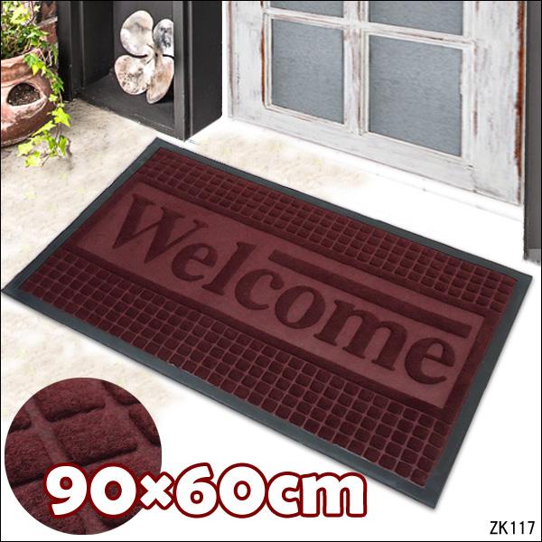 WELCOME 玄関マット 1枚 90×60cm 厚手 Lサイズ エンジ (D)