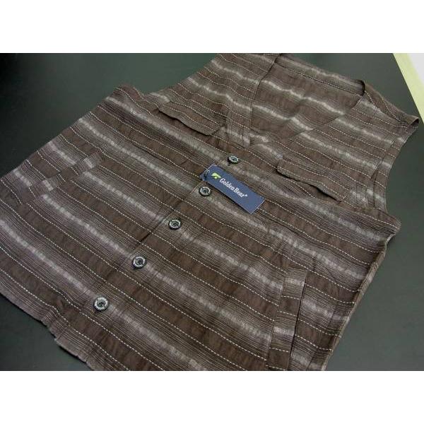ゴールデンベア Golden Bear メンズ L ベスト 麻混 ボーダー ブラウン 283