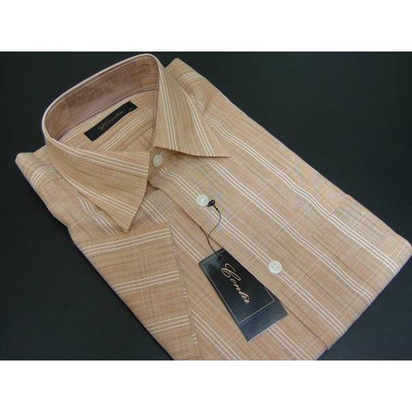 コンティール CONTIR メンズ S シャツ 半袖 麻混 イエロー ストライプ 送料無料 H654