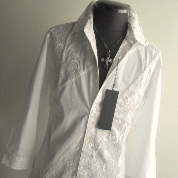 1.8万 新品 L トルネードマート フラワーエンブロイダリーパネルシャツ7分袖 ホワイト 送料無料...