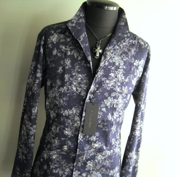 2万 新品 L トルネードマート フラワープリントスタンドカラーシャツ長袖 ネイビー 送料無料 サン...