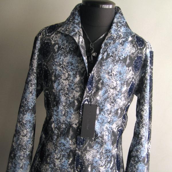 3.2万 新品 L トルネードマート グロッシーパイソンプリントシャツ長袖 ブルー 送料無料 サンプ...