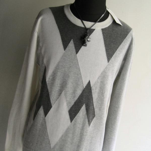 1.6万 新品 L ハイストリート アーガイル柄クルーネックニット ホワイト×グレー サンプル 57...