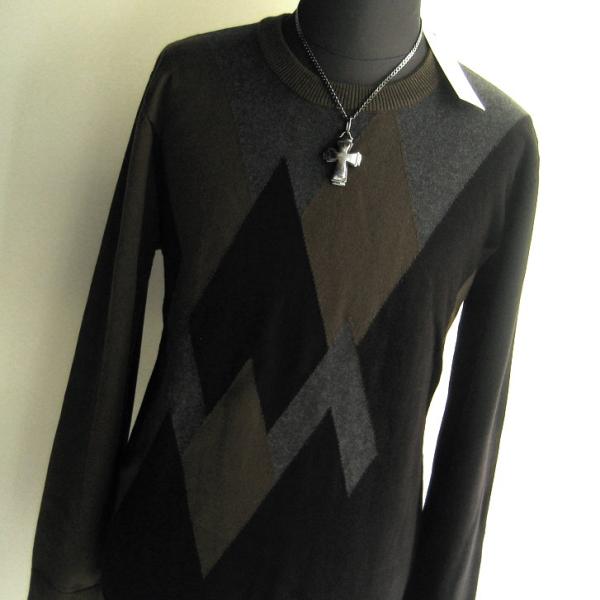 1.6万 新品 L ハイストリート アーガイル柄クルーネックニット カーキ×ブラック サンプル 57...