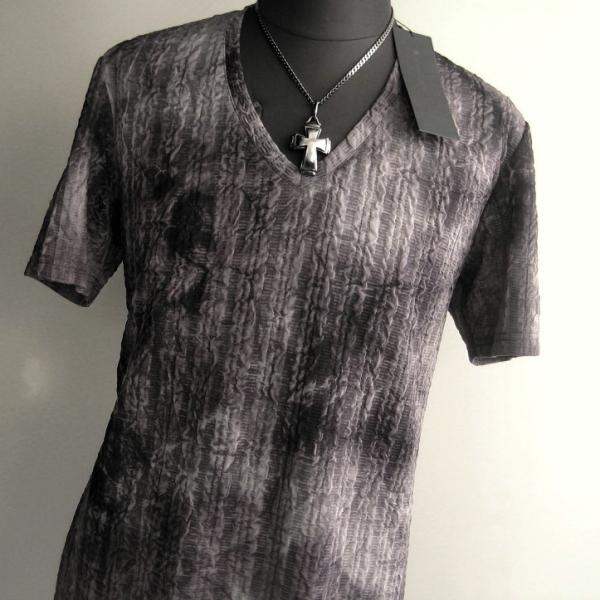 新品 L トルネードマート スペックルダイストライプ半袖VネックTシャツ グレー 送料無料 サンプル...