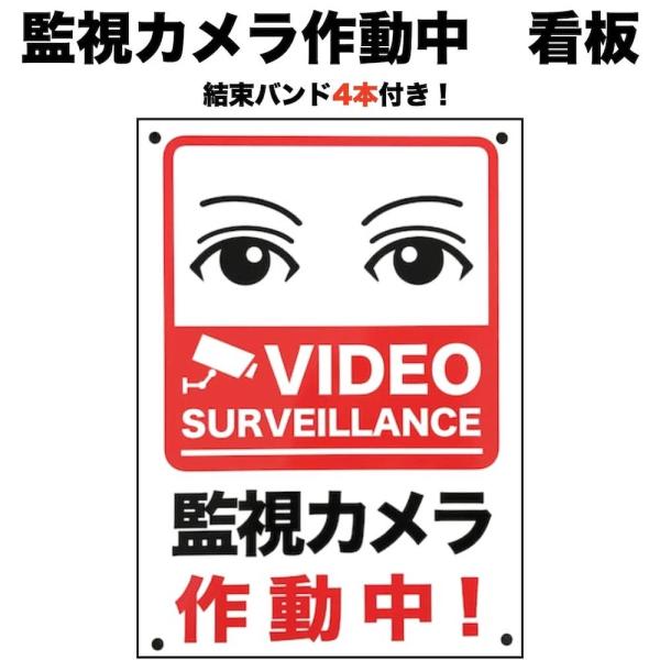 目が合う防犯用 監視カメラ作動中 看板 標識 35cm×25cm 四隅穴アケ 結束バンド付き 太陽光...