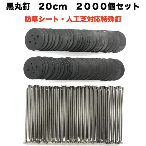黒丸釘セット 黒丸板2000枚+20cm釘2000本セット ロング 防草シート 人工芝 押さえ用  ...