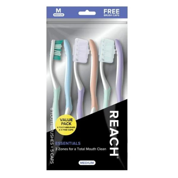 リーチ エッセンシャル 手動歯ブラシ ふつう キャップ付き 6本 Reach Essentials ...