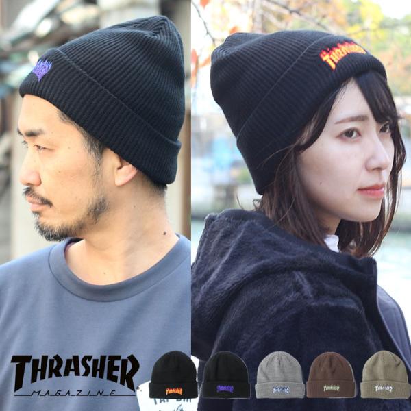 ニット帽 ゴルフ スラッシャー ニット帽 THRASHER FLAME LOGO リブ編み ビーニー...
