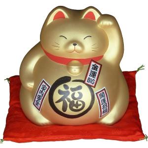 四日市ばんこ焼 萬古焼【日本製】　風水 招き猫 ジャンボ貯金箱 金 【開運】　ぽっちゃり大きい 招き猫の貯金箱｜psp-ho1