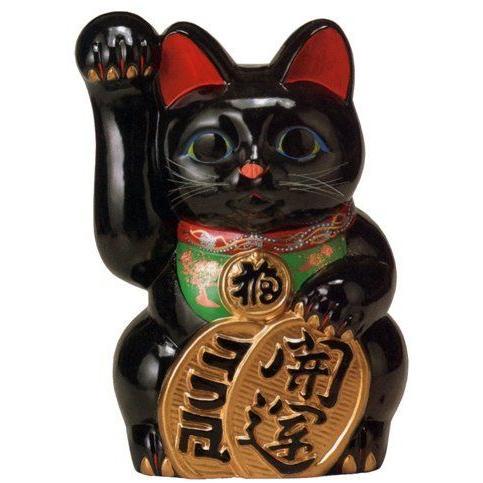 常滑焼　招き猫：貯金箱　開運黒手長　小判付招猫（手長タイプ）10号＜左手を上げる猫はお客を招く！　千...