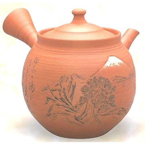 常滑焼　村越風月 陶茶こし急須 朱泥変富士に和歌彫 250ml　木箱入【受注生産　納期数日から3ヶ月...