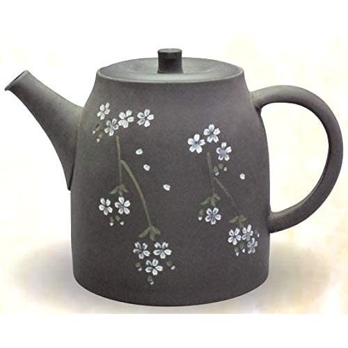 常滑焼急須【名工作品】青峰　 黒窯変両面さくら彫　140ml   ささめ茶こし