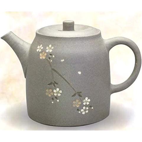 常滑焼　急須 青峰焼締め 両面桜彫280ml (ささめ茶こし)