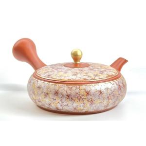 常滑焼x九谷焼のコラボ急須【セラメッシュ】石龍　朱泥/黒窯変　金つまみ平丸金彩桜彫急須　約200cc...