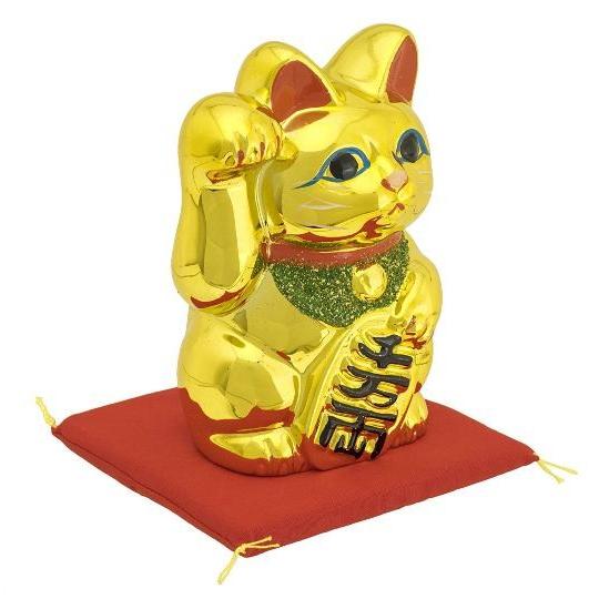幸福を招く縁起置物　常滑焼 招き猫　梅月 黄金小判猫（右手）4号高さ：13cm　貯金箱：金小判付招猫...