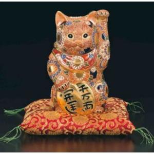 受注生産品】九谷焼縁起置物 4号招き猫 盛金青白粒 仲田 錦玉作（伝統