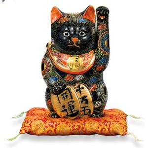 九谷焼 右手 左手 招き猫 置物 開運 招き猫 白盛 座布団付 : 和座