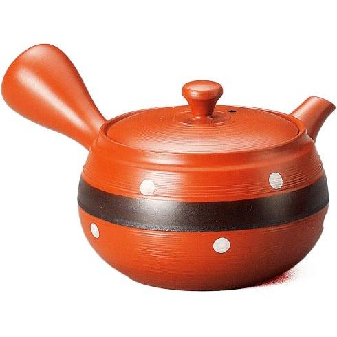 常滑焼　急須 【深蒸し急須/丸網/エム網】朱泥福中黒ライン急須　竹春作 390cc