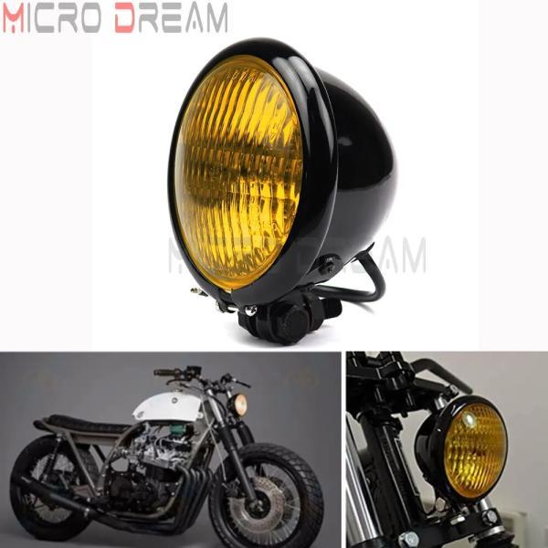 並行輸入品 三xs650用レトロヘッドライト カフェレーサーブラック 黄色ガラス 4.5インチ チョ...