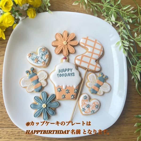 オレンジ×ネイビーチェックとお花のバースデーアイシングクッキーセット8点