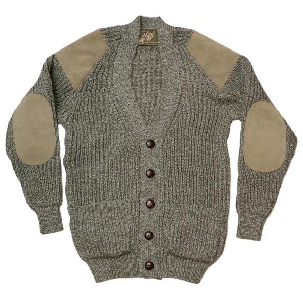 ローゲージ カーディガン スエードパッチ [MADE IN ENGLAND] ウール カーディガン