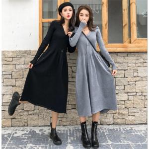 短納期 長袖ワンピース ニットワンピース 2タイプ ロング Aライン V