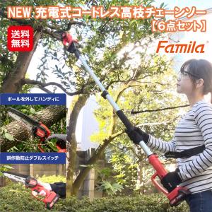 ファミラ 充電式コードレス2WAY高枝チェーンソー(6点セット) 高枝 電動 のこぎり 充電式 高枝切り バサミ 電動チェーンソー ハンドソー 電ノコ 庭木 剪定