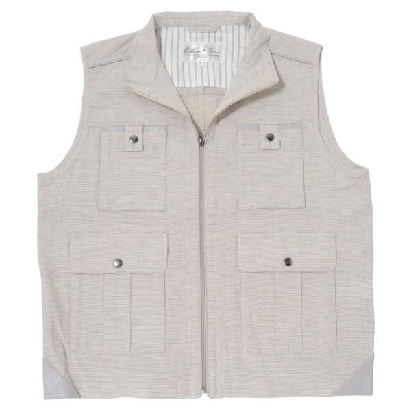 メンズ前ファスナーベスト(M,L,LL)麻混小柄チェックベスト・天然素材の綿と麻のミックス素材を使用...