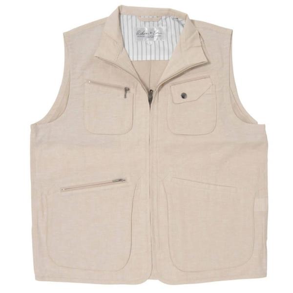 メンズ前ファスナーベスト(M,L,LL)麻混ピンチェックベスト・天然素材の綿と麻のミックス素材を使用...