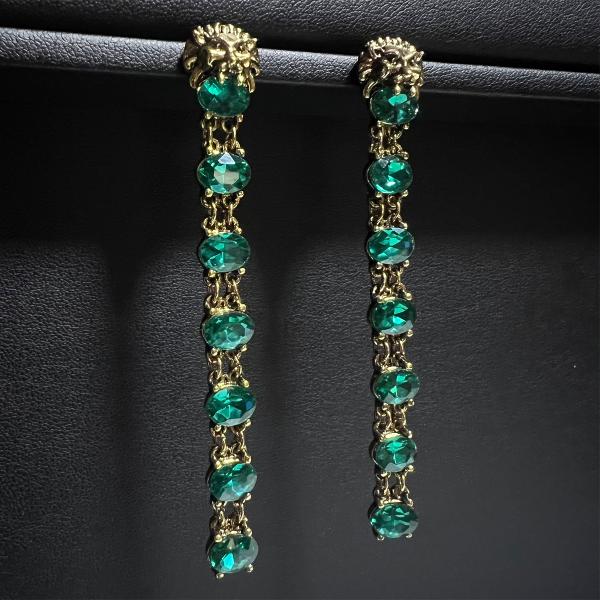 [80mm〜] 新世界の秘宝 LION ロングピアス（金古美色×エメラルドグリーン）エスニック ダン...