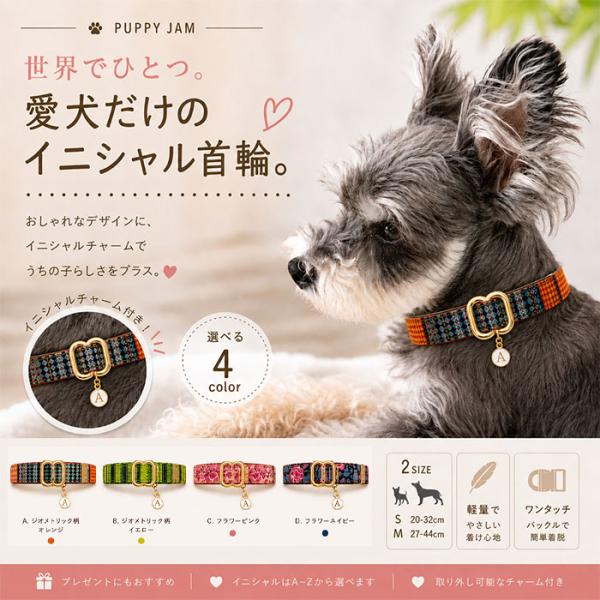 犬 首輪 おしゃれ イニシャルチャーム付き 軽量 ワンタッチバックル 小型犬 中型犬 かわいい 4カ...