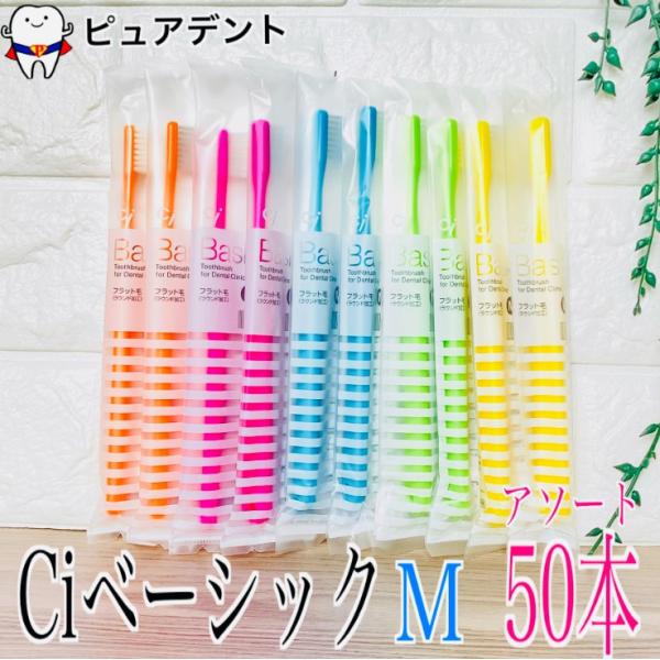 【硬さカラー選べる！】Ci ベーシック M ふつう Sやわらかめ 50本 歯ブラシ フラット毛（ラウ...