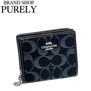 極美品 COACH 二つ折り財布 シグネチャー デニム 黒 コーチ COACH（コーチ） 財布 デニム レザー シグネチャー ロゴ さくらんぼ