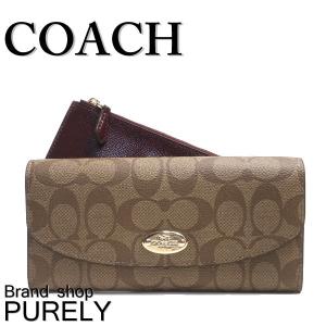 コーチ 財布 レディース COACH 長財布 シグネチャー PVC スリム エンベロープ ウィズ レザー ポーチ F52601 IMC2B カーキ×シェリーレッド｜purely