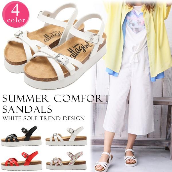 サンダル レディース 履きやすい 歩きやすい 白 アンクル ベルト  コンフォート フラットサンダル