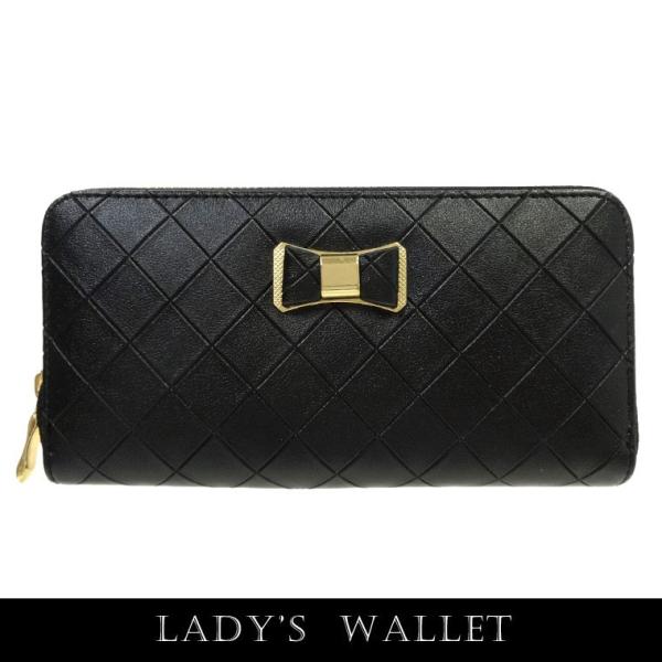 レディース 財布 キルトデザイン リボン ファスナー 長財布