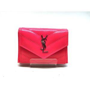 値下げ Saint Laurent サンローラン YSL Ｖステッチ モノグラム 三つ折り財布 コンパクト ネオンピンク 美品TGN505118 シルバー金具 9721｜purishonten