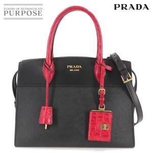 未使用 展示品 プラダ PRADA エスプラナード 2way ハンド ショルダー バッグ サフィアーノ レザー クロコダイル ブラック レッド 1BA046