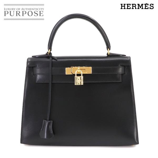 エルメス HERMES ケリー 28 ハンド バッグ ボックスカーフ レザー ブラック □B刻印 外...