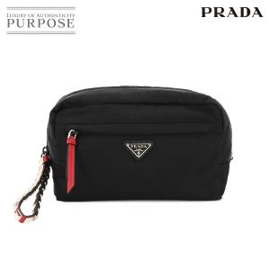 新品同様 プラダ PRADA スタッズ クラッチ セカンド バッグ ナイロン レザー ブラック レッド 1NA019 シルバー 金具 Clutch Bag 90233320｜purpose-inc