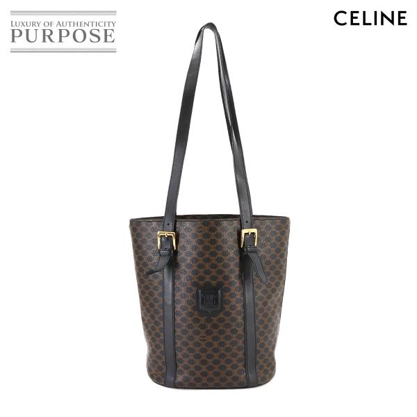 美品 セリーヌ CELINE マカダム ショルダー バッグ PVC レザー ブラック ブラウン ゴー...