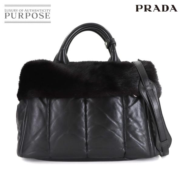 新品同様 プラダ PRADA 2way トート ショルダー バッグ レザー ファー ブラック Tot...