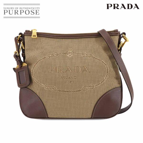 新品同様 プラダ PRADA ロゴ ジャガード ショルダー バッグ キャンバス レザー ベージュ ブ...